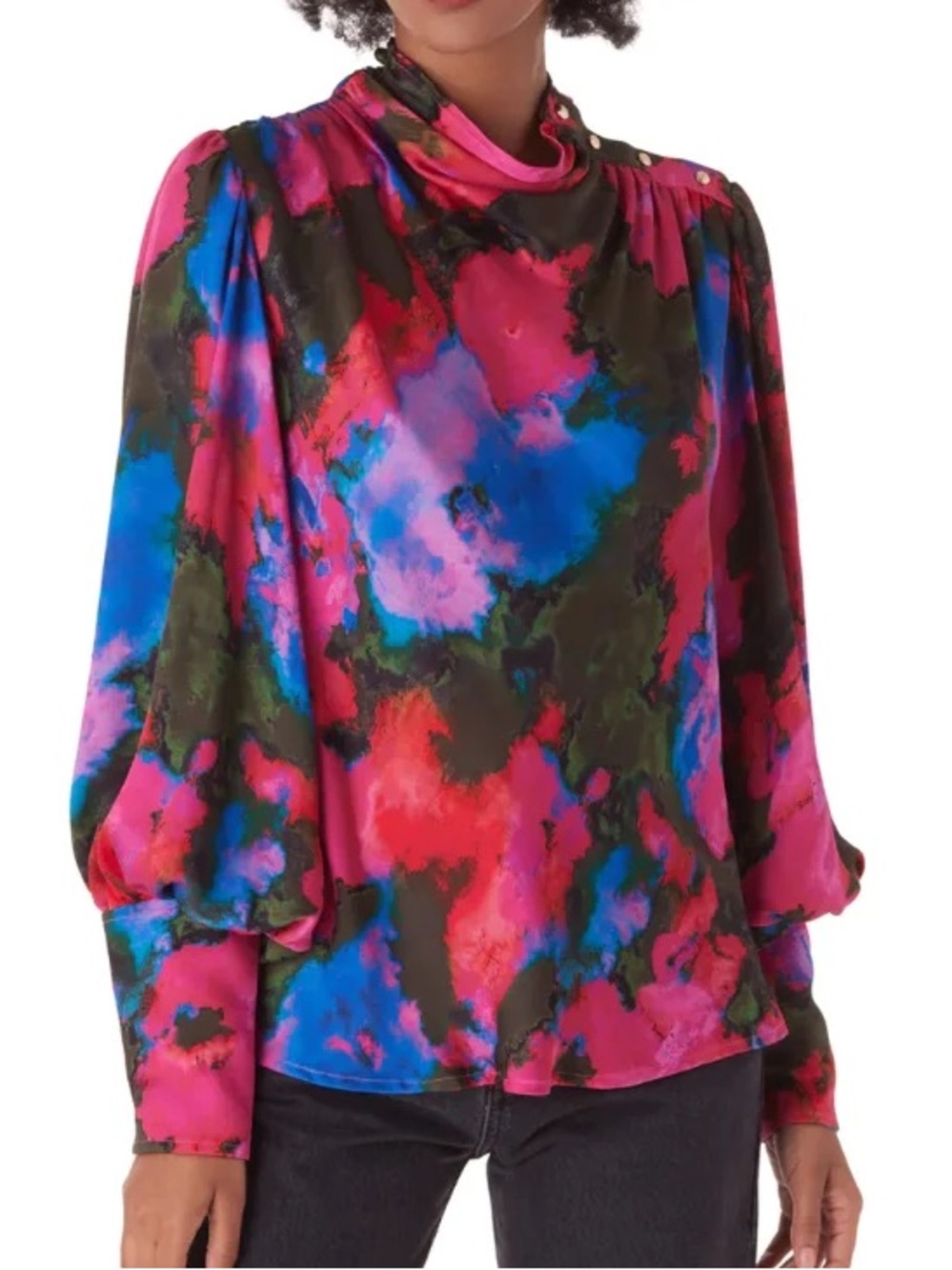 Crosby Florence Blouse Women's Multicolor Watercolor Print Blouse with Buttons